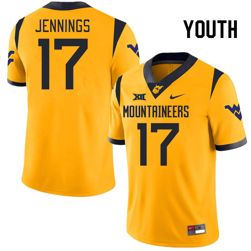 Youth #17 Zae Jennings West Virginia Mountaineers College 2024 New Uniforms Football Jerseys Stitche